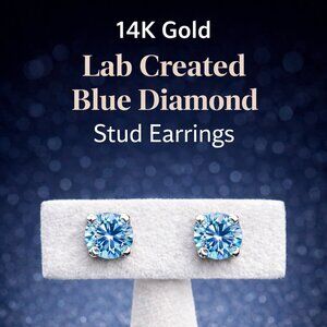 Lab Created Blue Diamond Stud Earrings | 0.45 CTW | 14K Gold Blue Diamond Studs